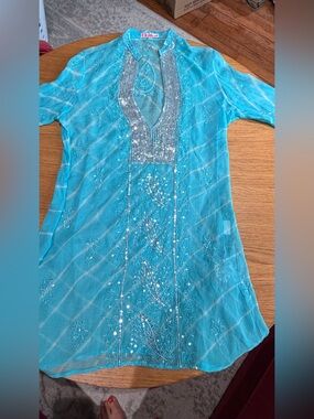 Silk  Turquoise Embellished Sheer V-Neck Blouse